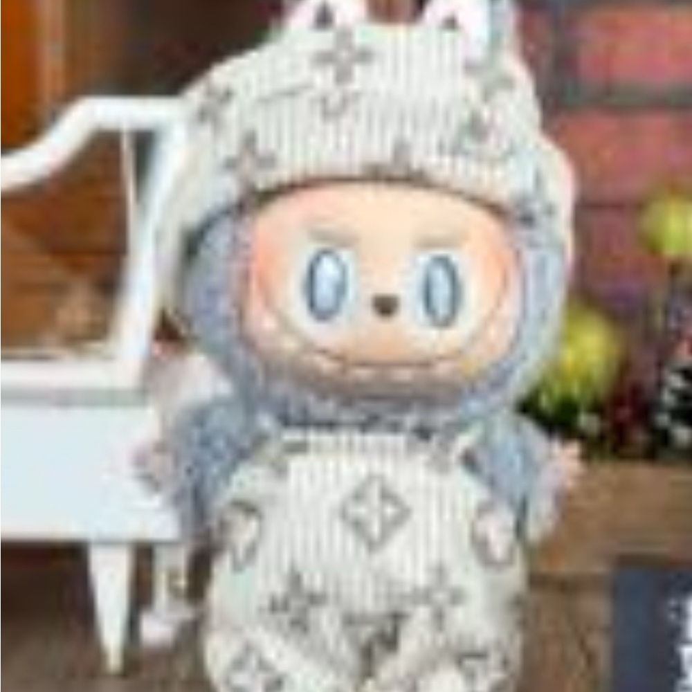 Labubu Clothes- Beige LV Overalls & Hat Set For Pop Marts Labubu Doll.